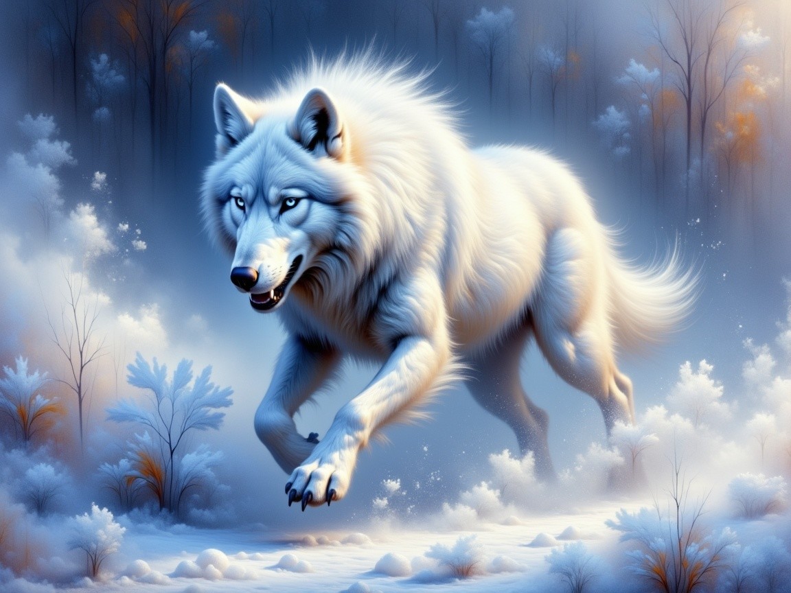 White Wolf Leaping in Snowy Wilderness Landscape