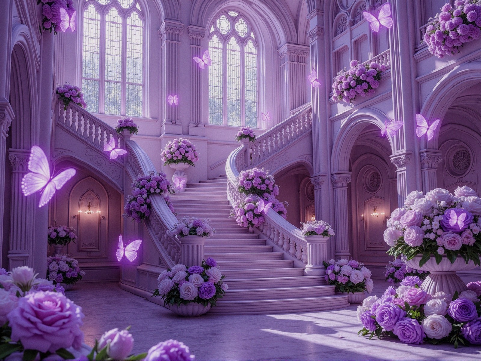 Magical Castle Entryway with Purple Lighting and Butterflies
