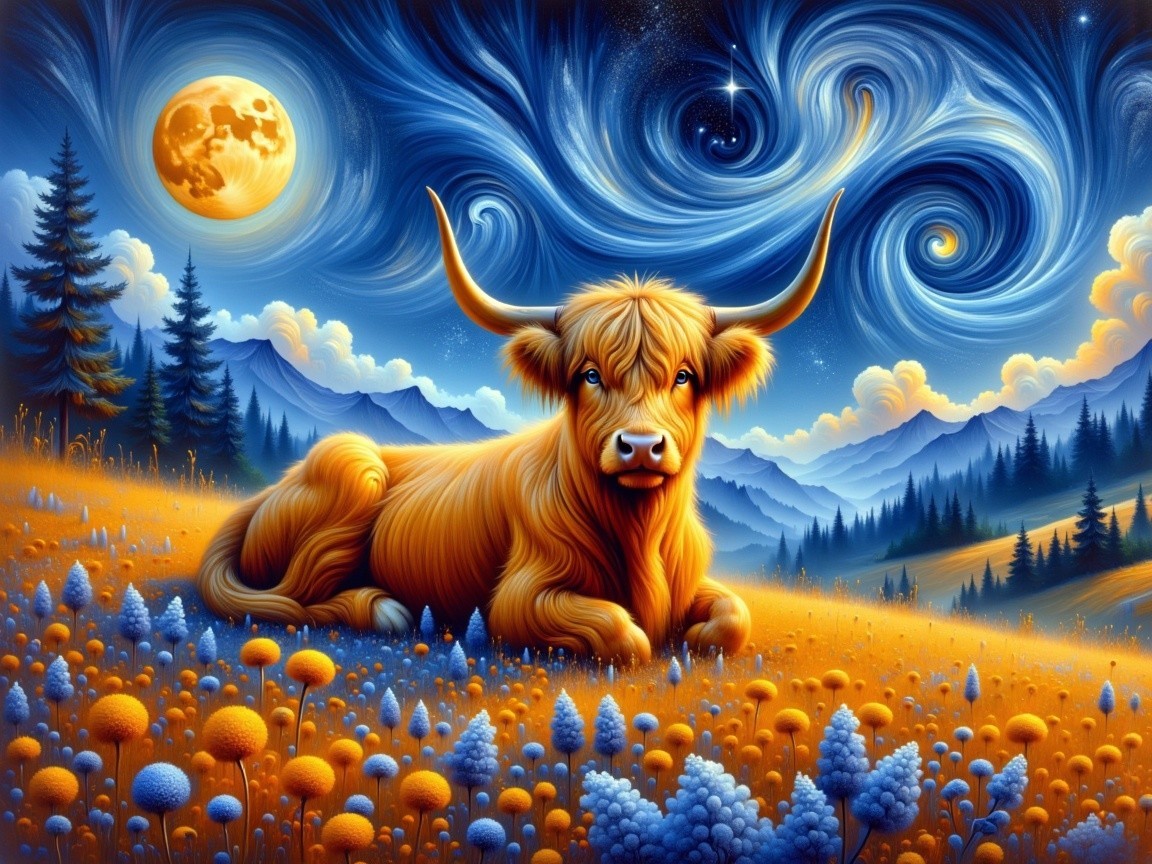 Surreal Landscape with Highland Cow and Wildflowers