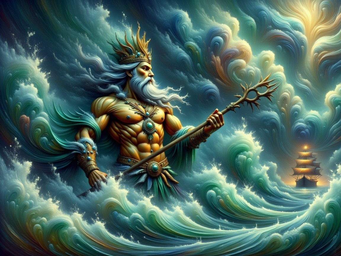 Deity Amidst Turbulent Ocean Waves and Dramatic Sky