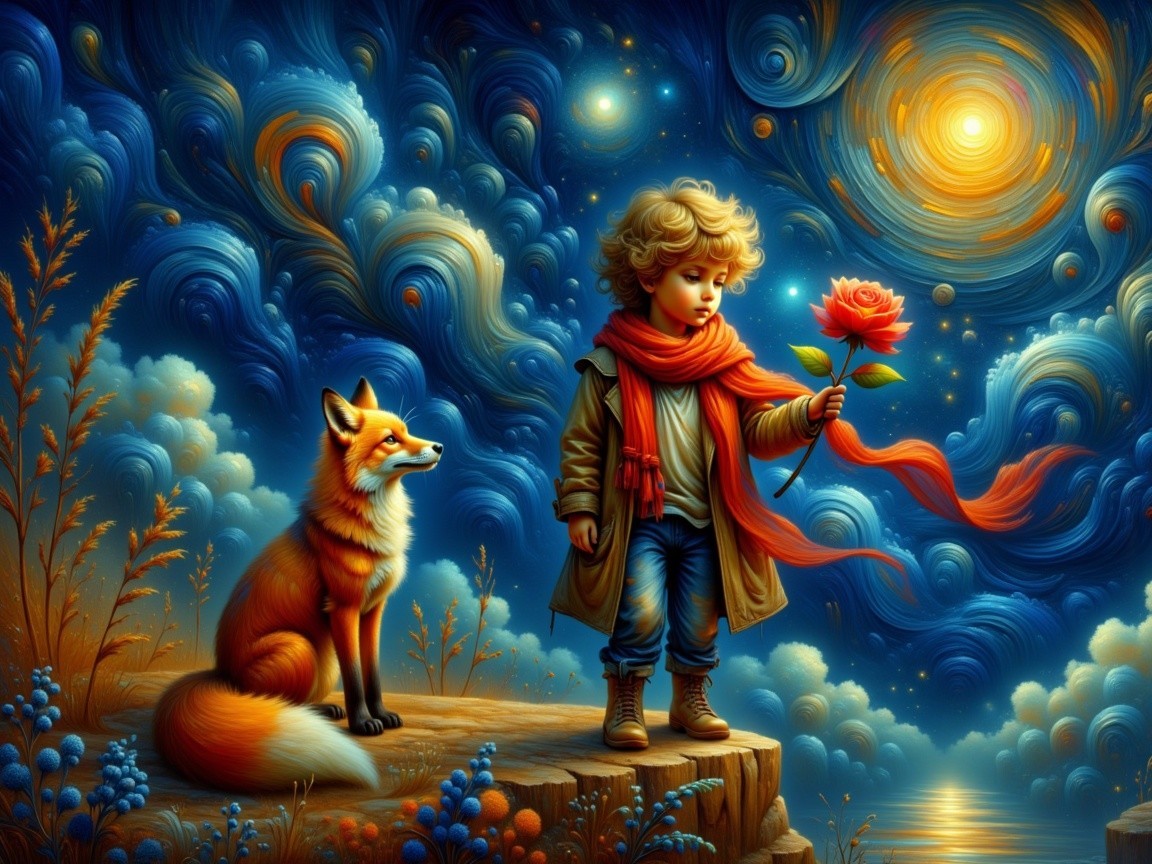 Young boy with rose and fox on colorful cliff
