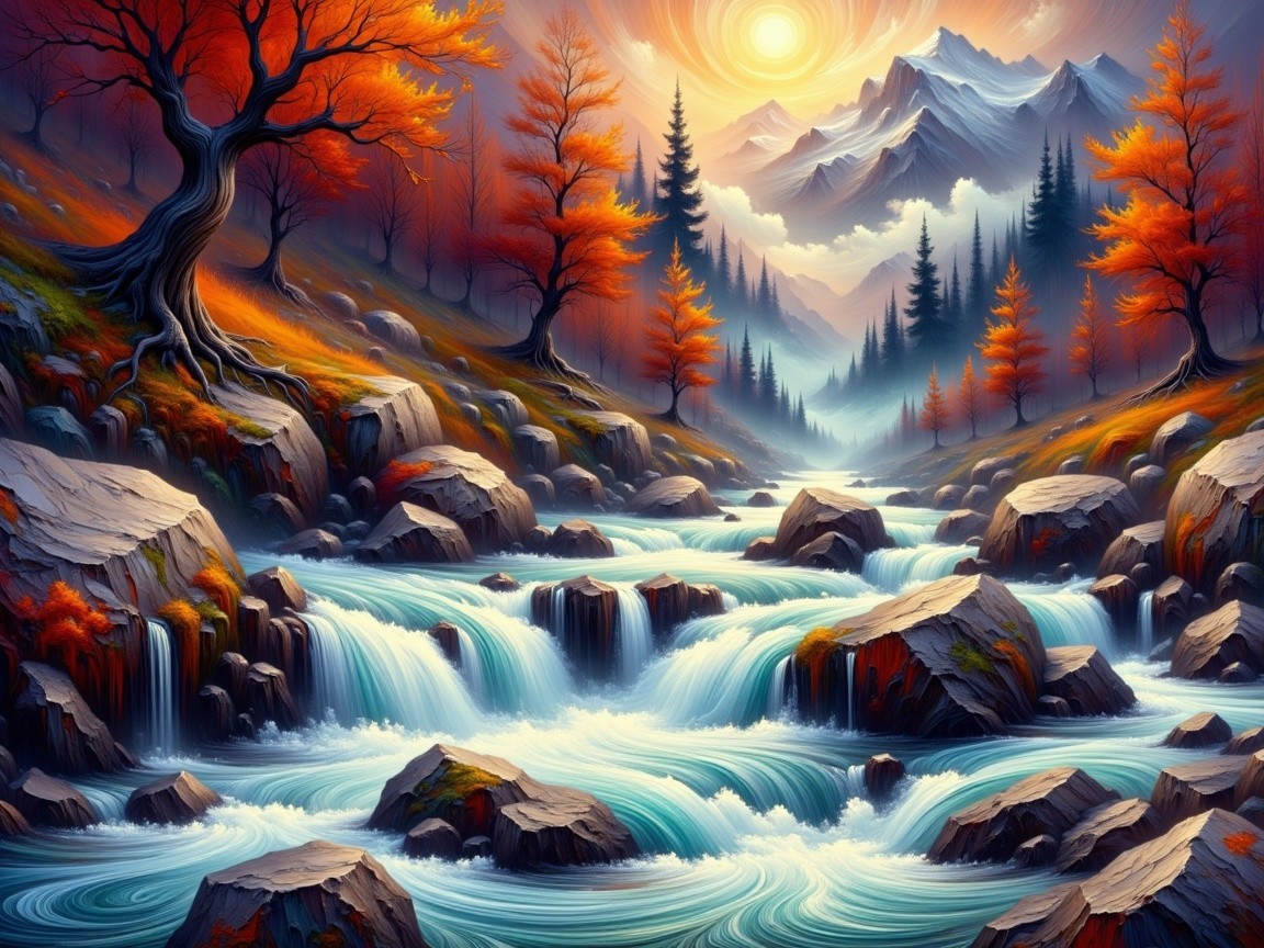 Vibrant Autumn Landscape with River and Mountains