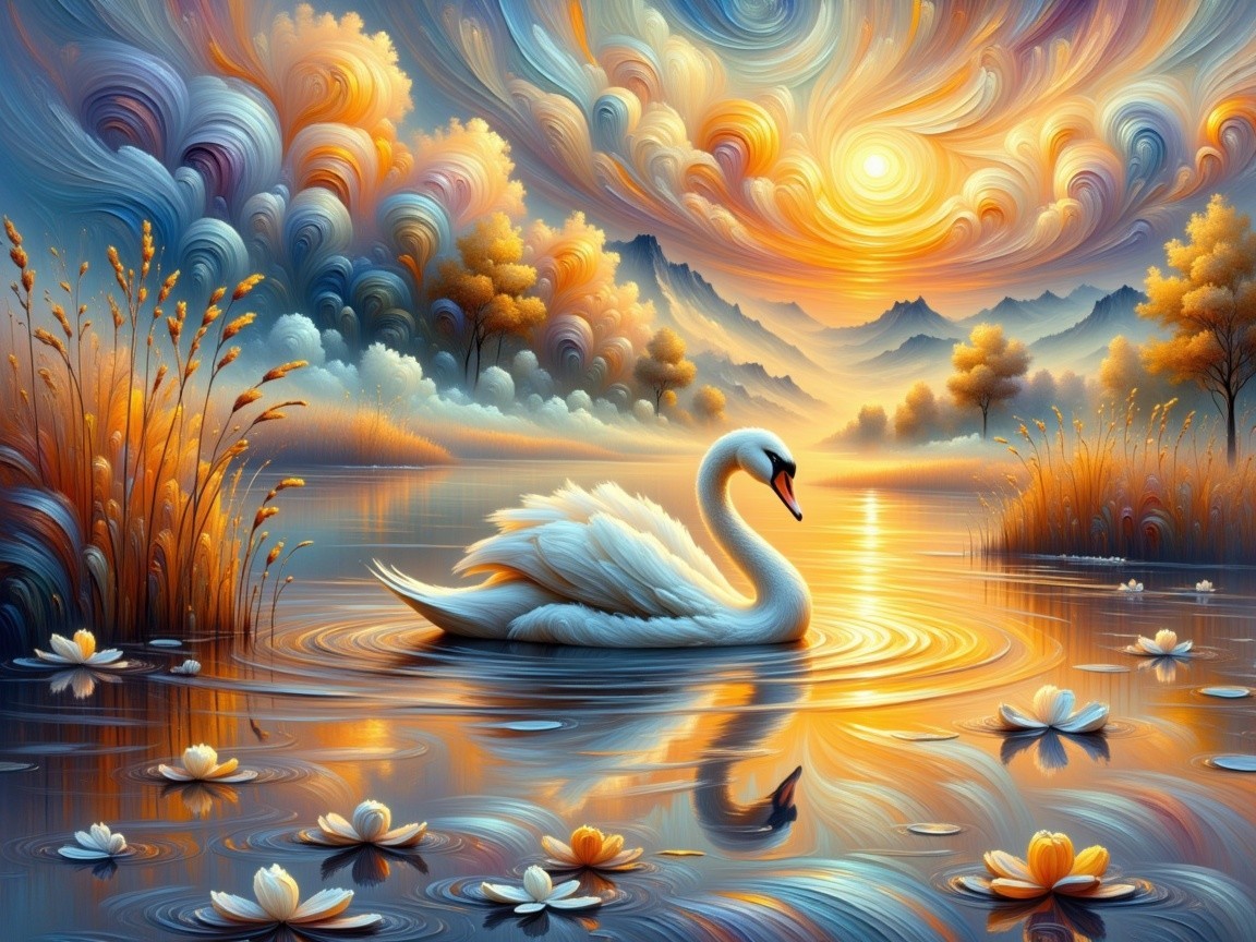 Serene Landscape with Swan and Vibrant Water Lilies