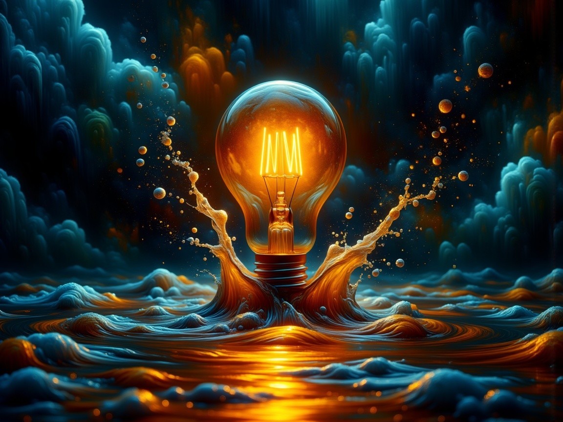 Glowing Light Bulb Amidst Dynamic Waves and Clouds