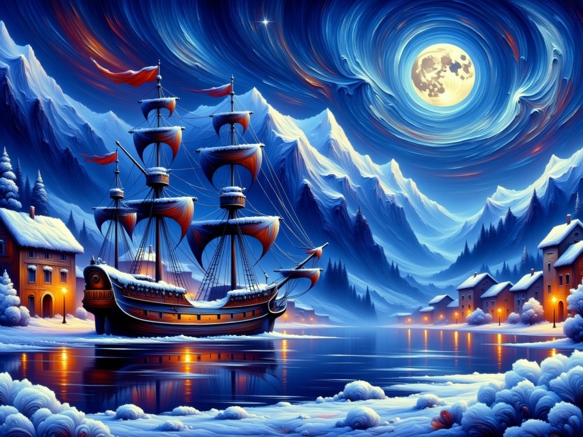 Majestic Ship on Moonlit Lake with Snowy Mountains