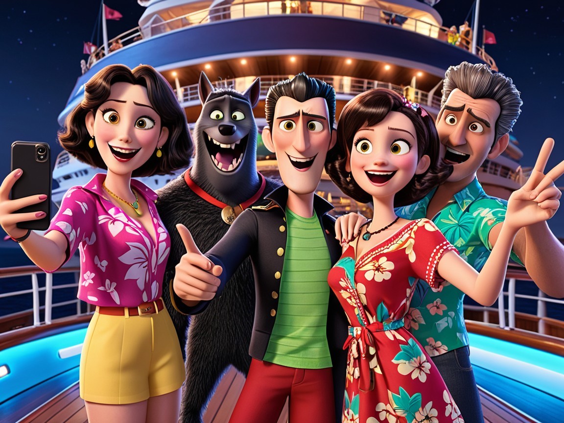 Selfie of a vibrant group on a cruise ship deck at night