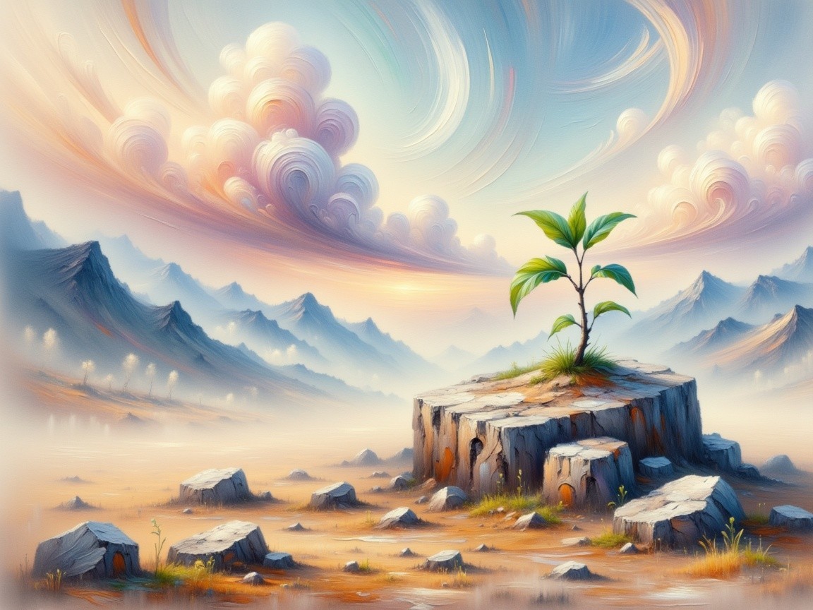 Green Sprout on Weathered Stump in Serene Landscape