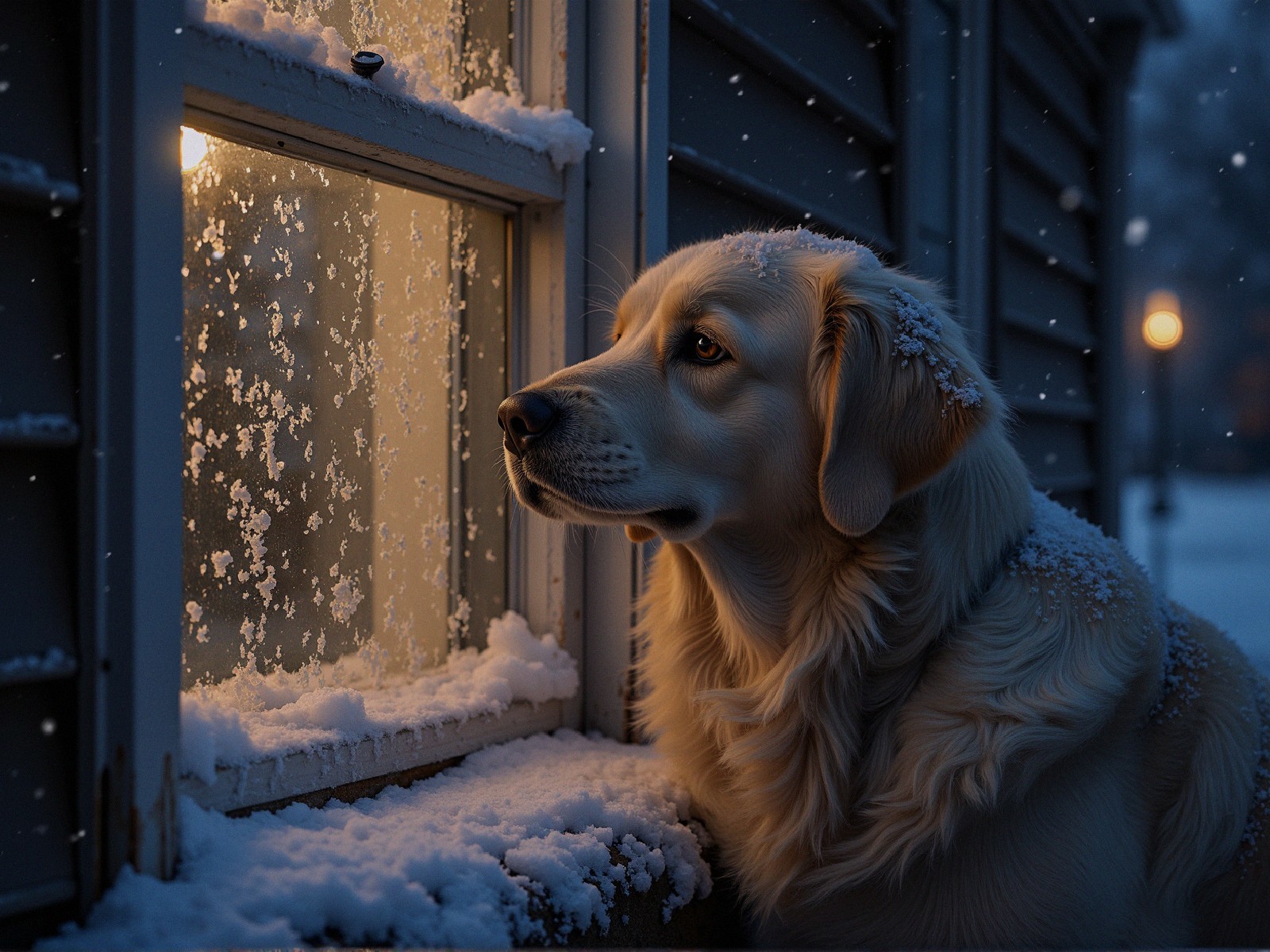 Golden Retriever by Snowy Window in Winter Scene