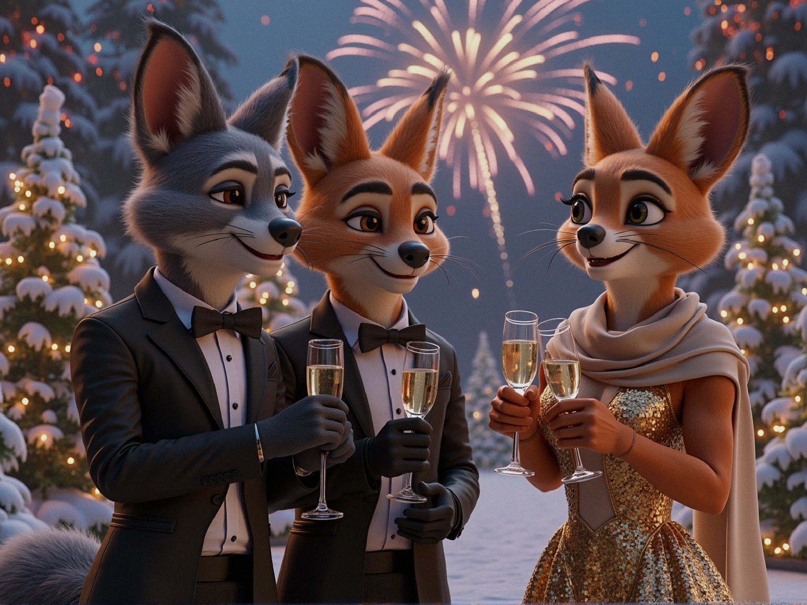 Anthropomorphic foxes in tuxedos celebrate in snow.