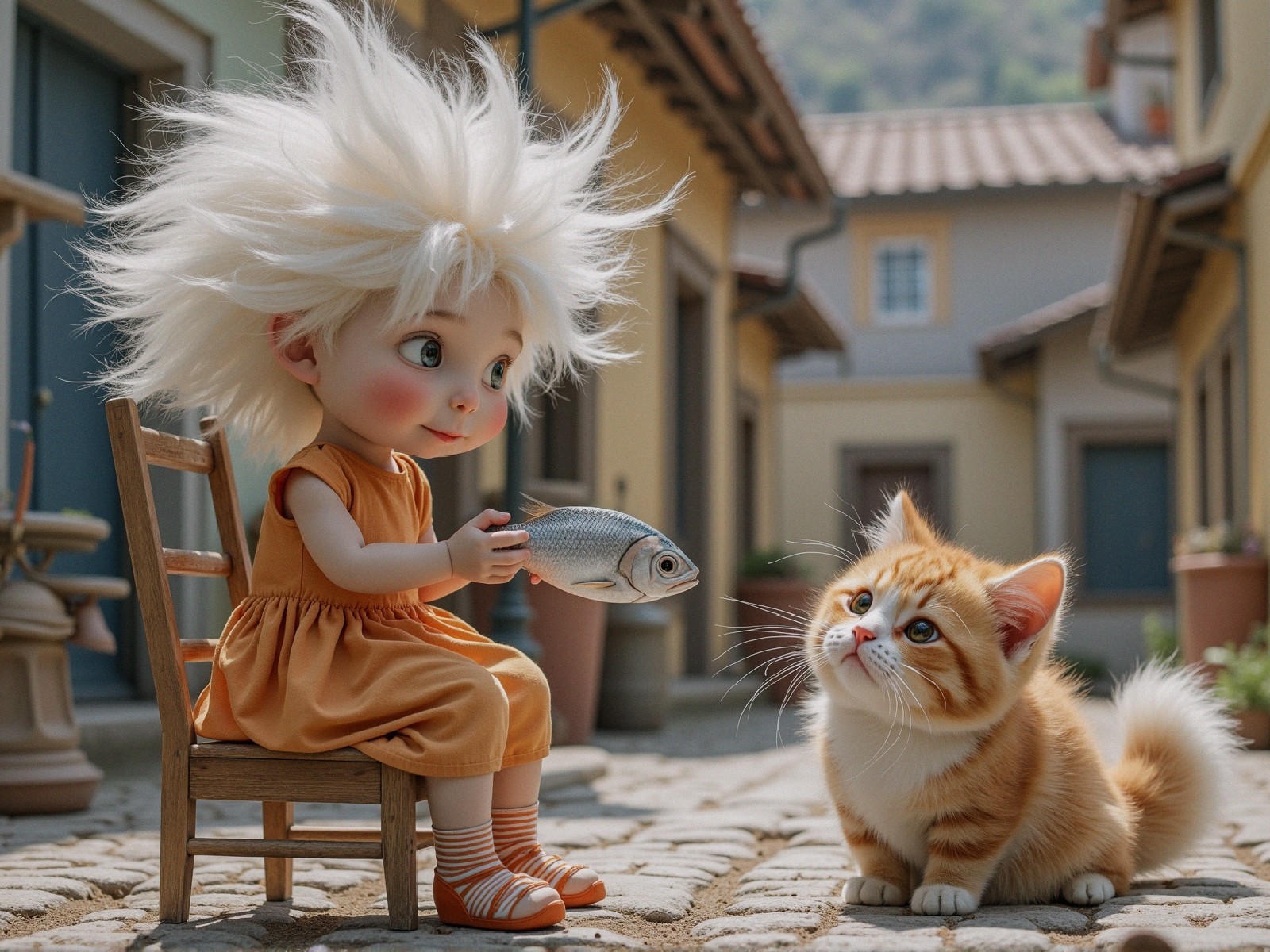 Whimsical Scene of Doll-like Girl and Cat in Alleyway
