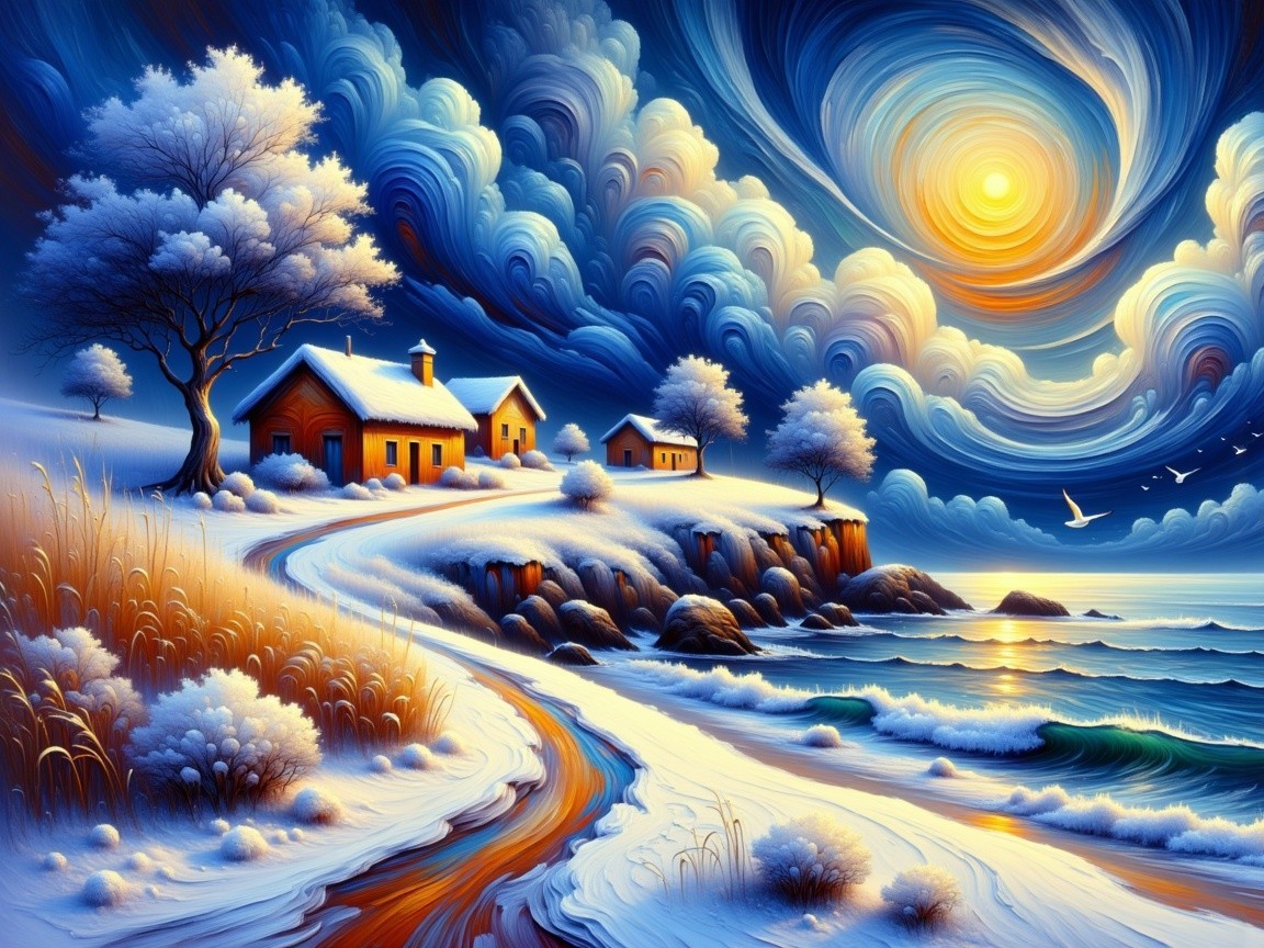 Winter Landscape with Cozy Houses by the Sea