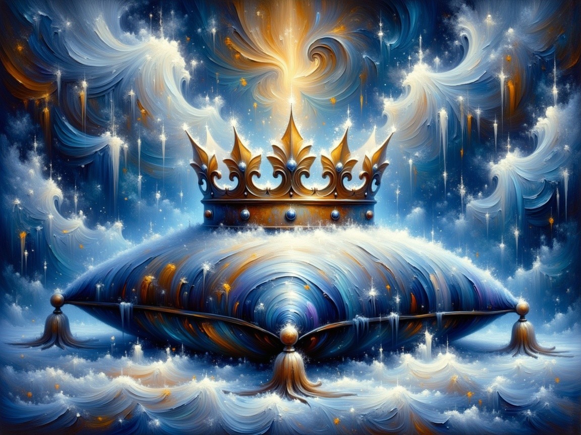 Majestic crown on royal pillow with ethereal light