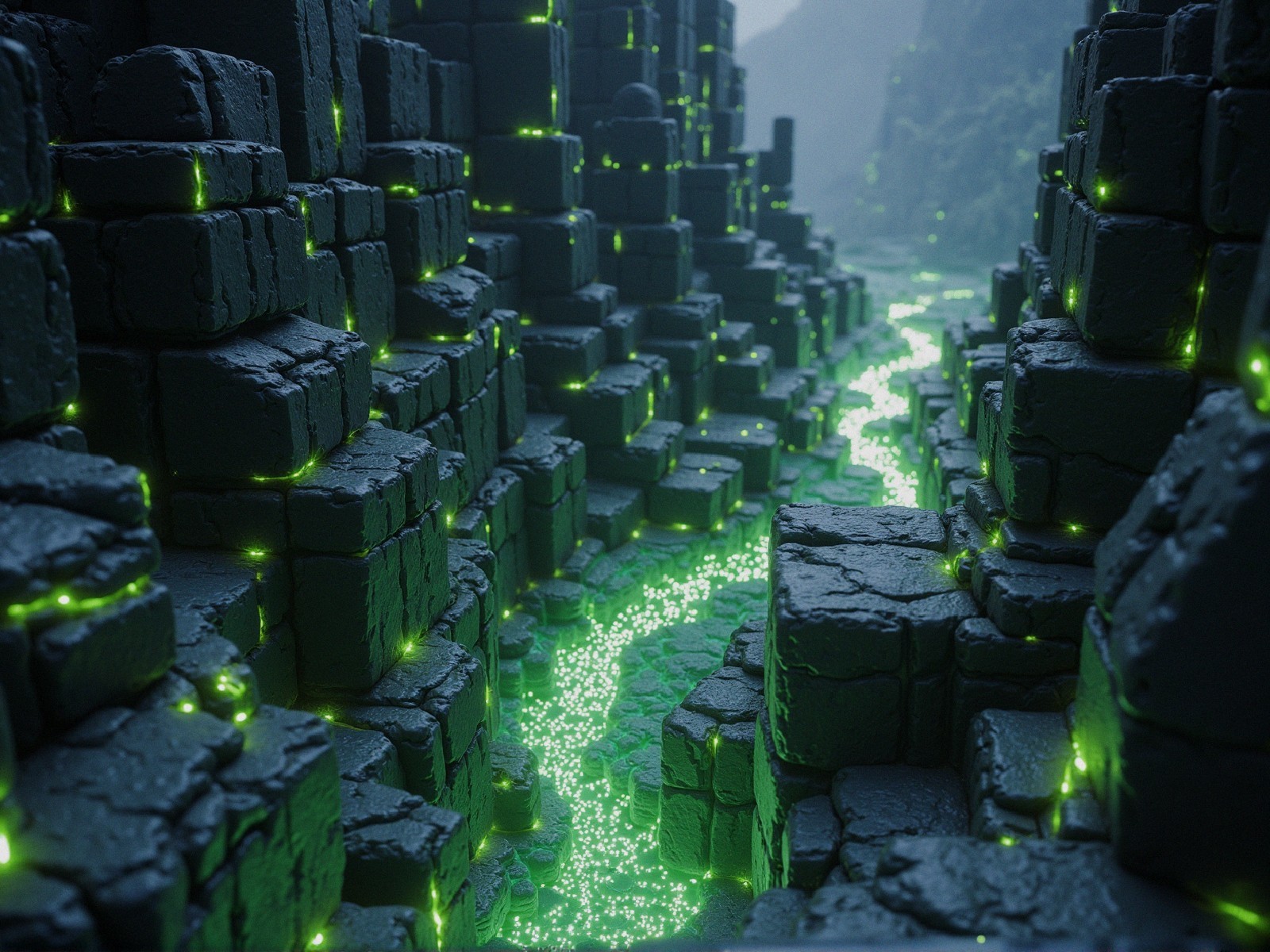 Otherworldly canyon with glowing green river and mist
