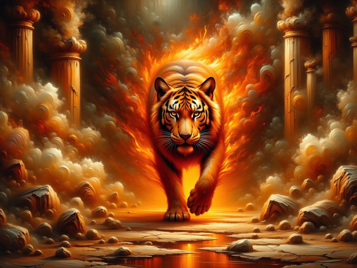 Tiger in a Fiery Landscape with Ancient Columns