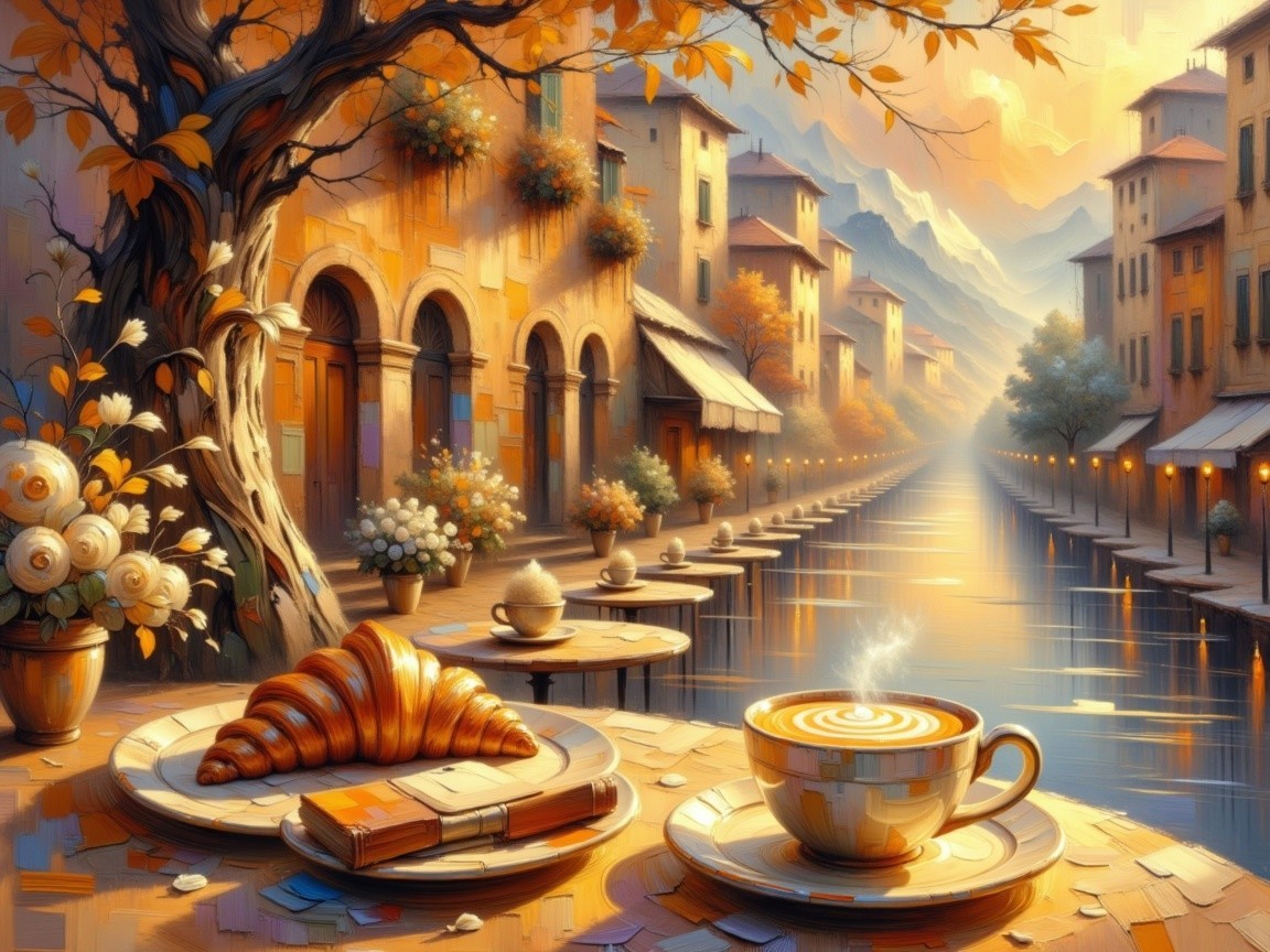 Serene Riverside Scene with Coffee and Autumn Foliage