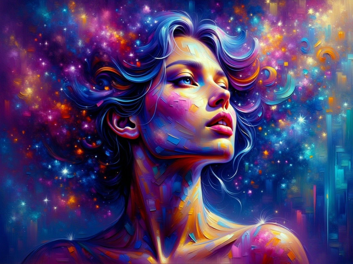 Cosmic Portrait of a Woman with Galactic Elements
