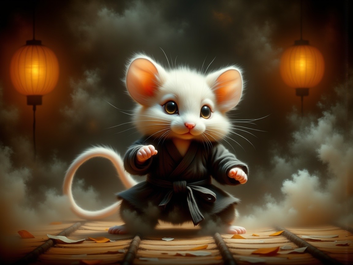 Small white mouse in martial arts uniform with lanterns