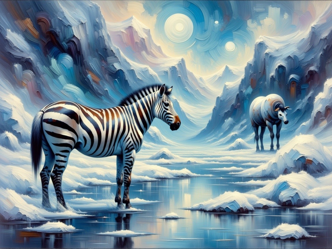 Surreal Landscape with Zebra and Ram by Water