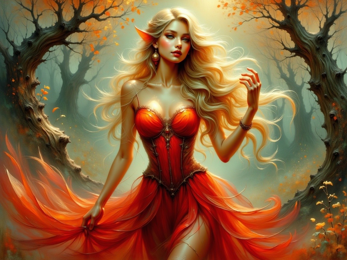 Fairy in Red Gown Surrounded by Autumn Foliage