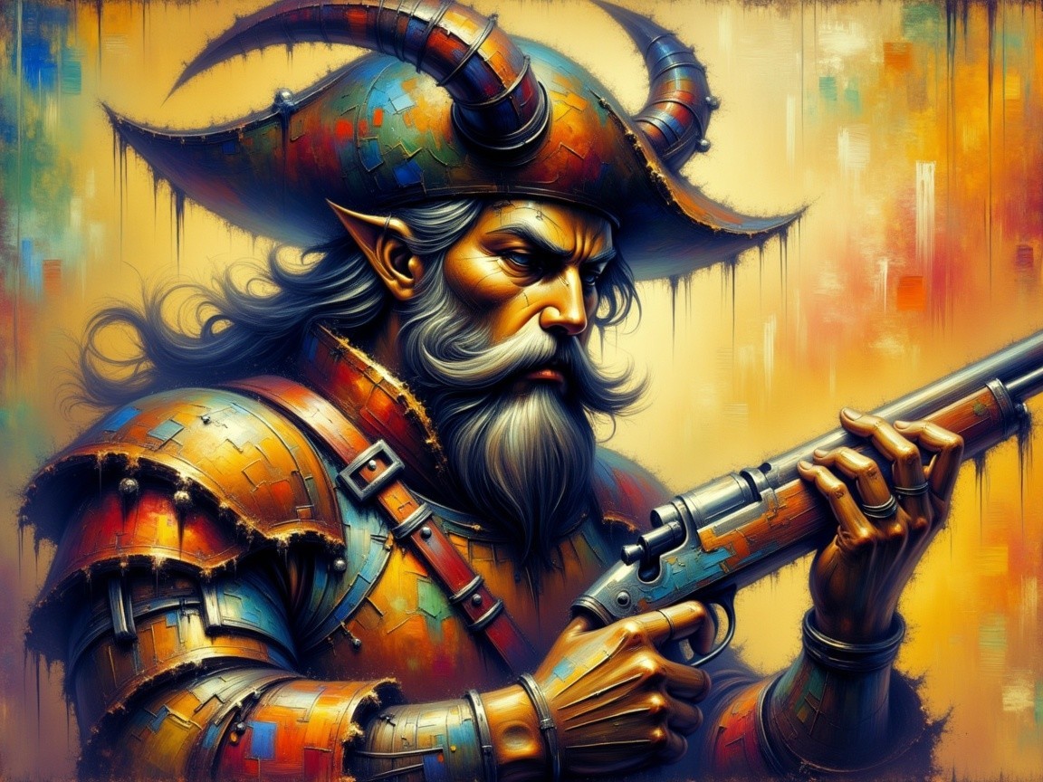 Fierce Pirate in Colorful Armor with Vintage Pistol
