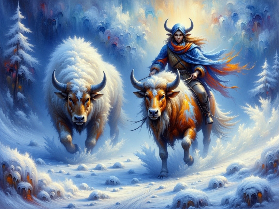 Mythical Warrior in Snowy Landscape with Oxen