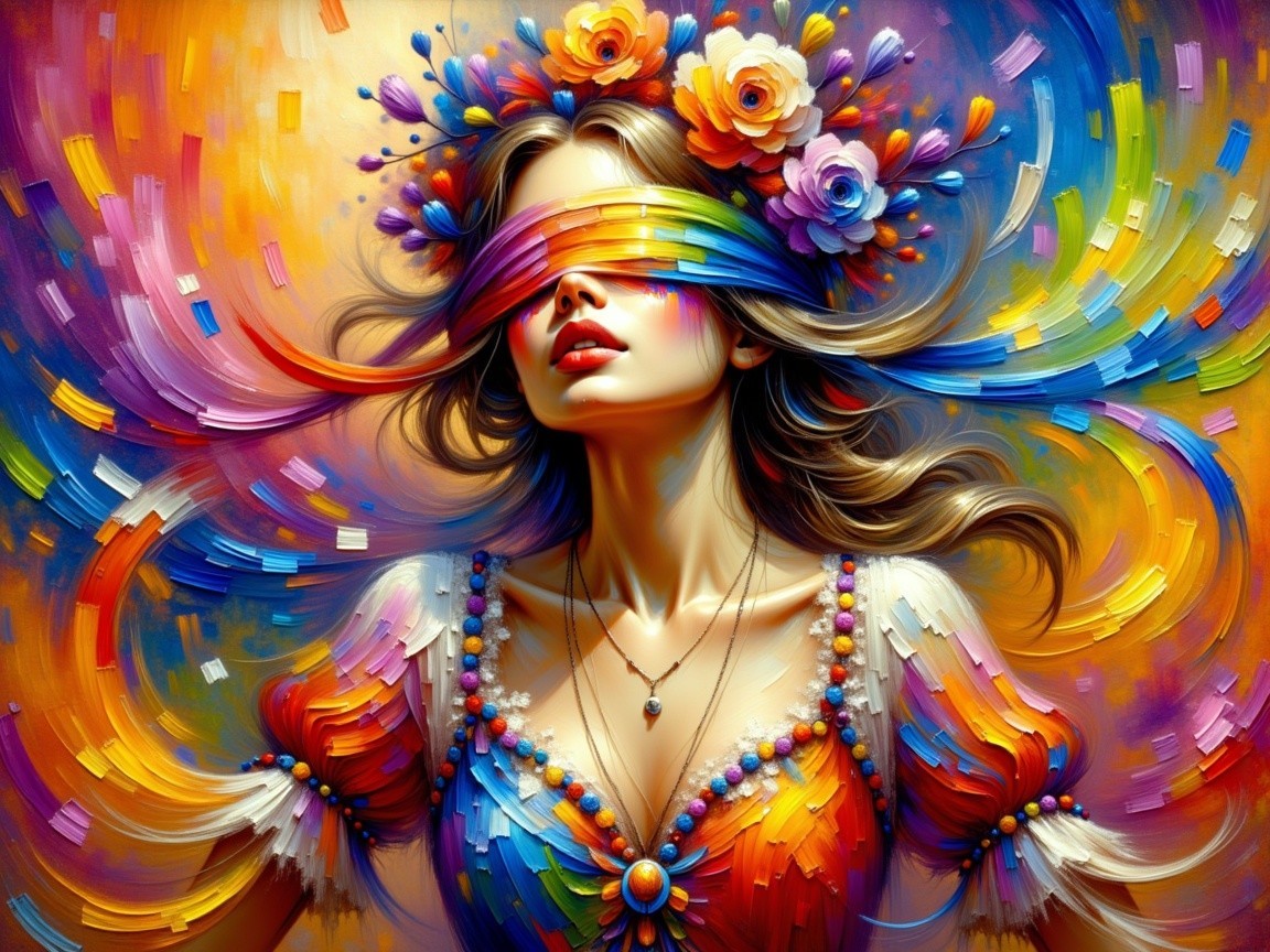 Vibrant Oil Painting of a Woman with Rainbow Headband