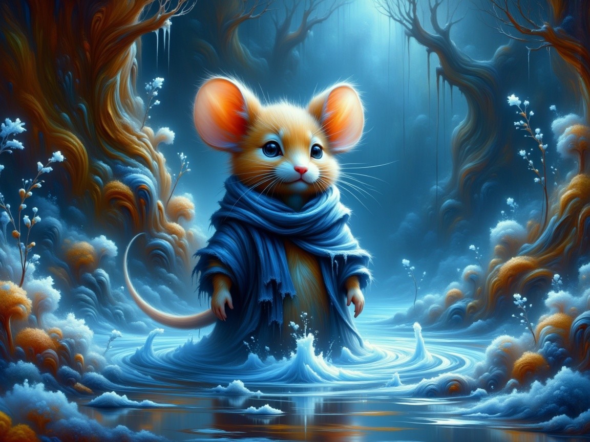 Mouse in Blue Cloak in Mystical Forest Setting