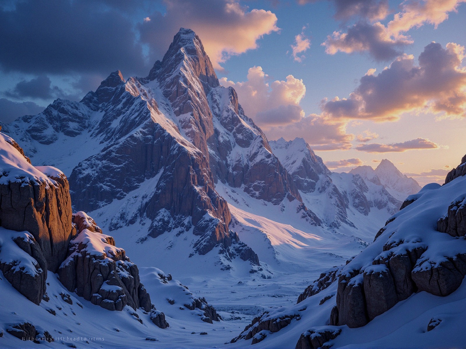 Twilight Mountain Landscape with Snow-Capped Peaks