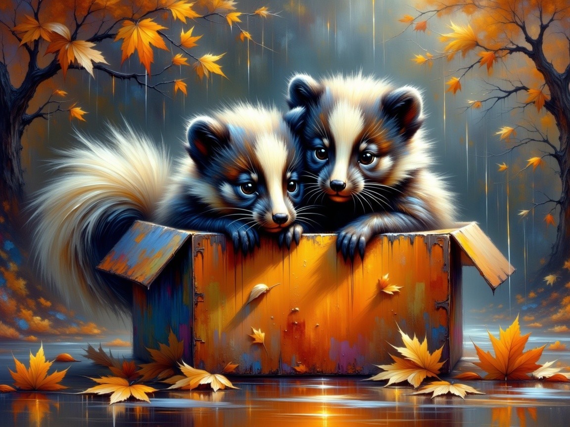 Raccoon Cubs in a Colorful Crate Surrounded by Leaves