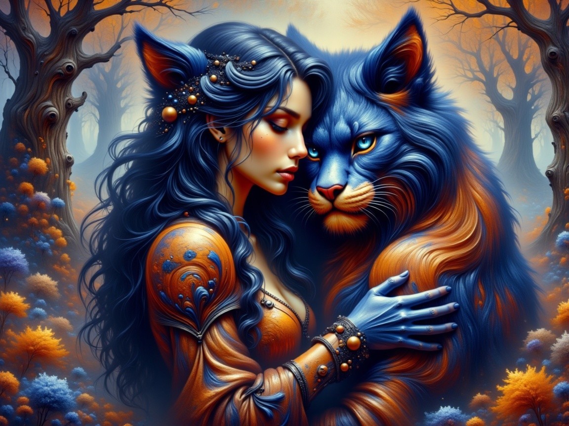 Mystical Scene of Woman and Blue Lion in Forest
