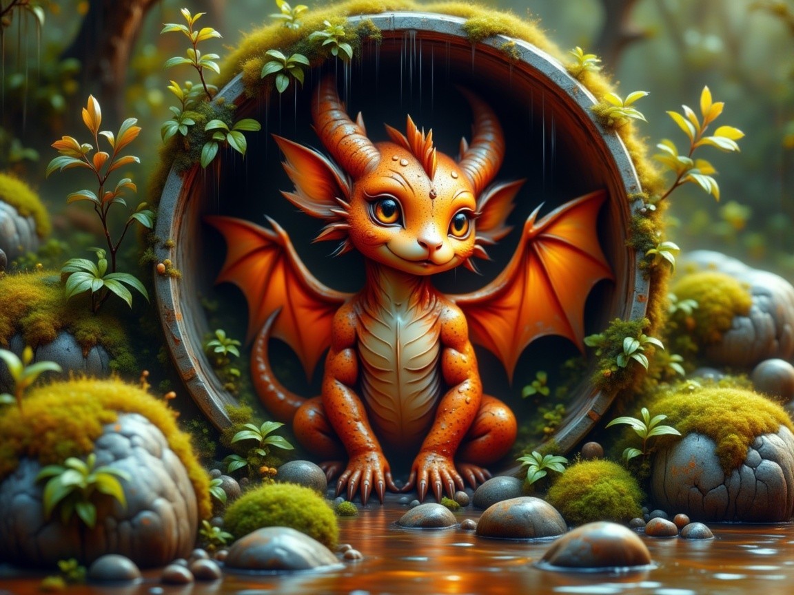Cartoonish dragon in a mossy barrel in a forest
