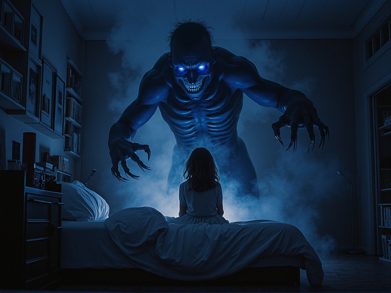 Monstrous figure in a dimly lit bedroom scene