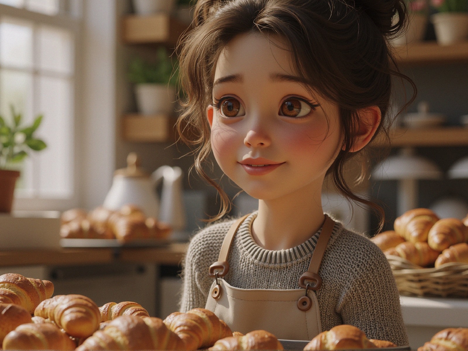 Young girl in cozy bakery with warm atmosphere