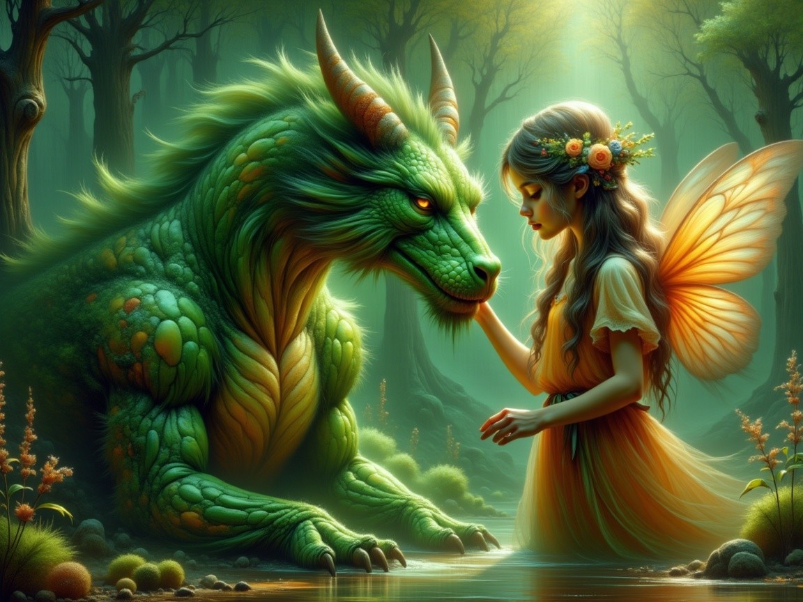 Magical Forest Encounter Between Girl and Dragon