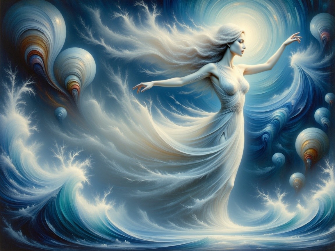 Woman in White Fabric Surrounded by Ocean Motifs