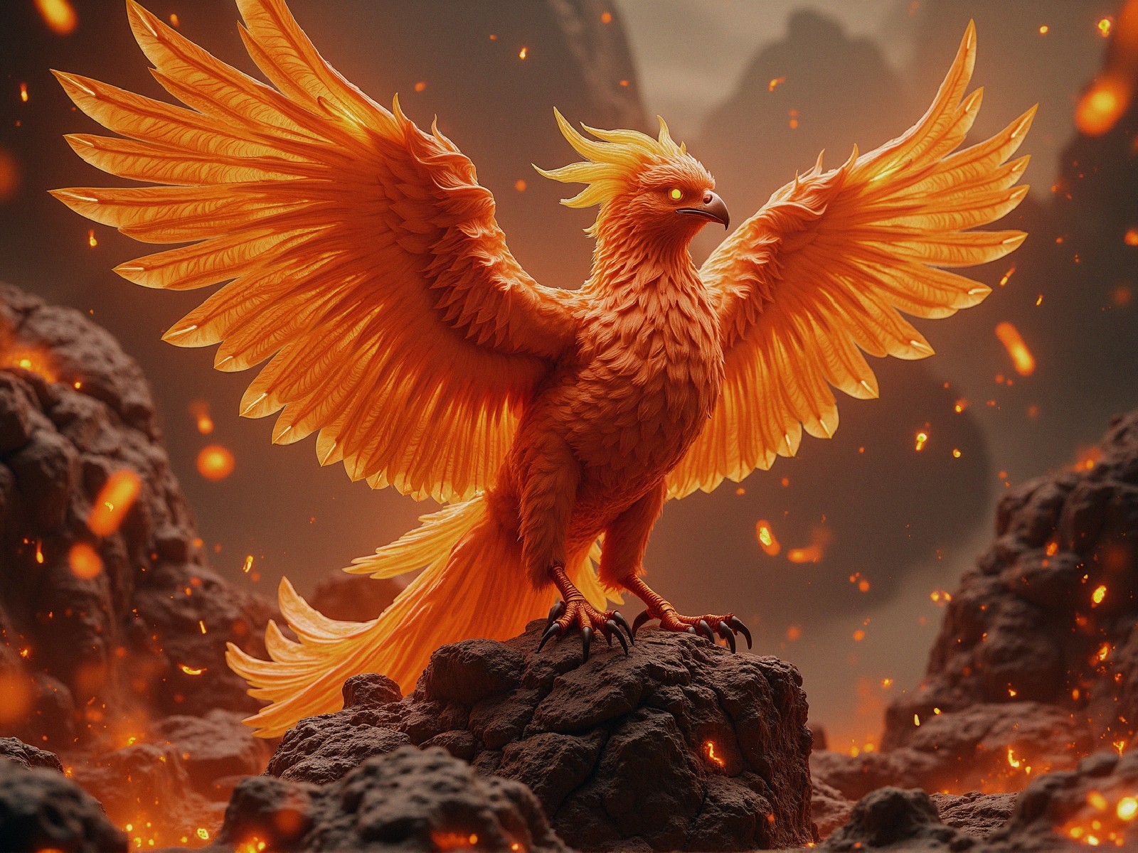 Majestic Phoenix on Rocky Outcrop with Fiery Background