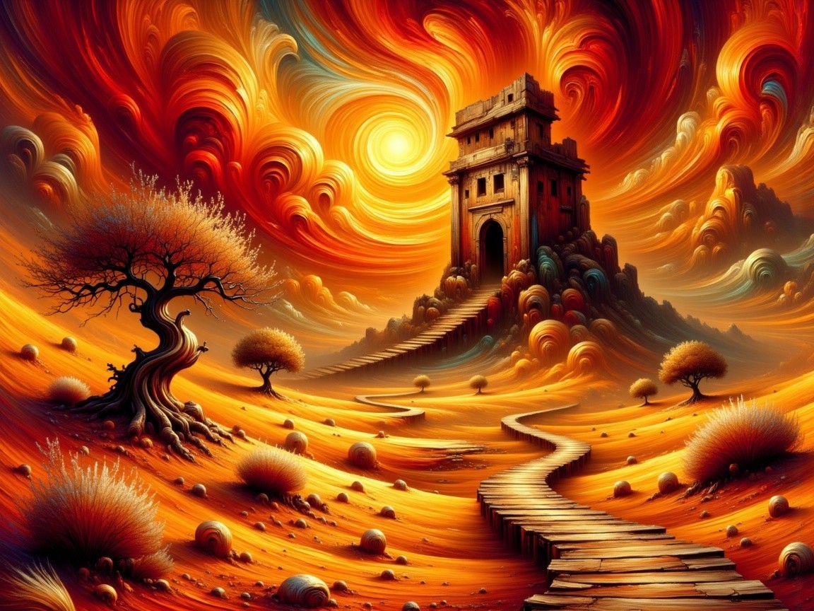 Vibrant Landscape with Tower and Winding Path