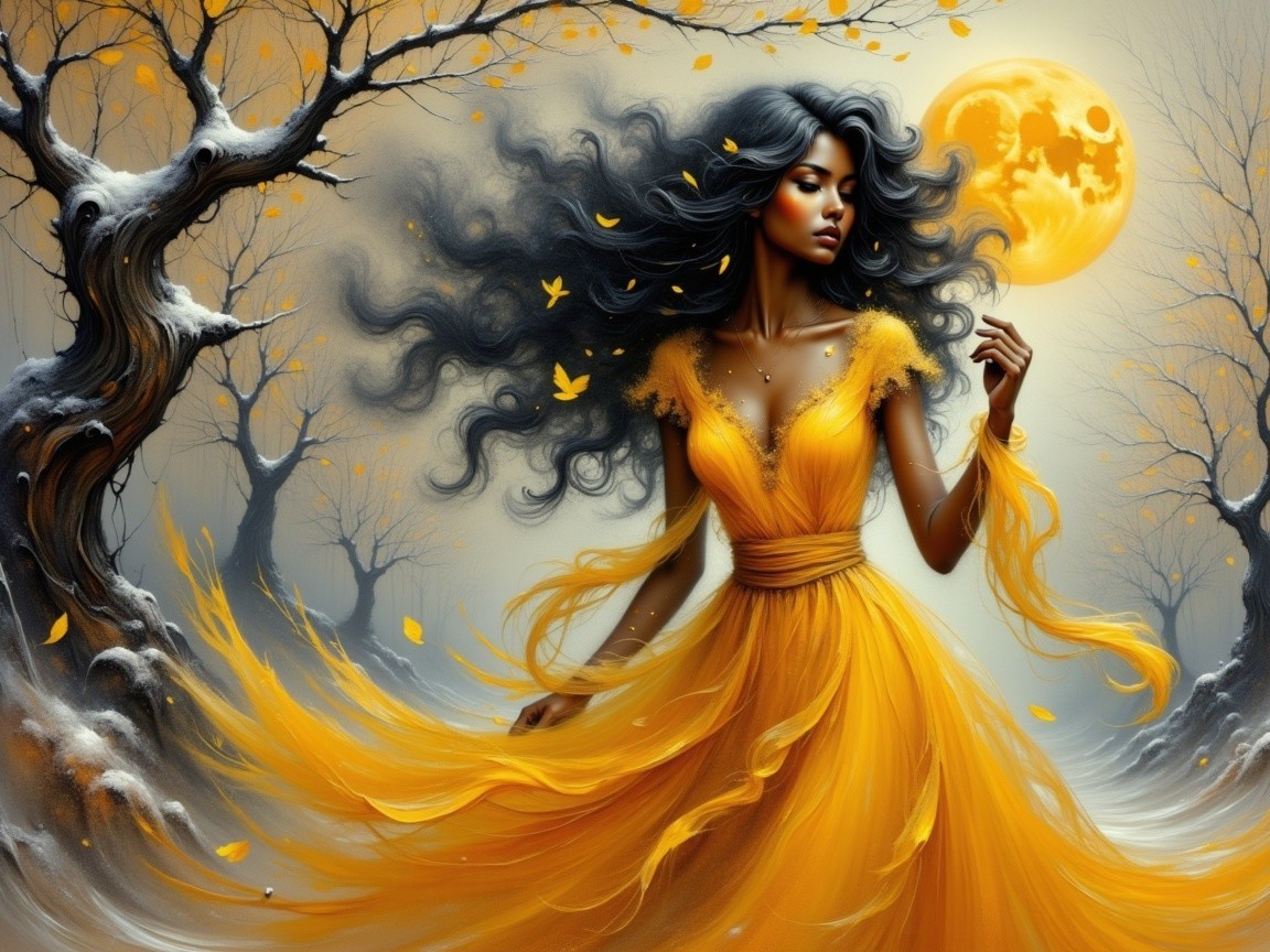 Mystical Figure in Yellow Dress in Surreal Landscape