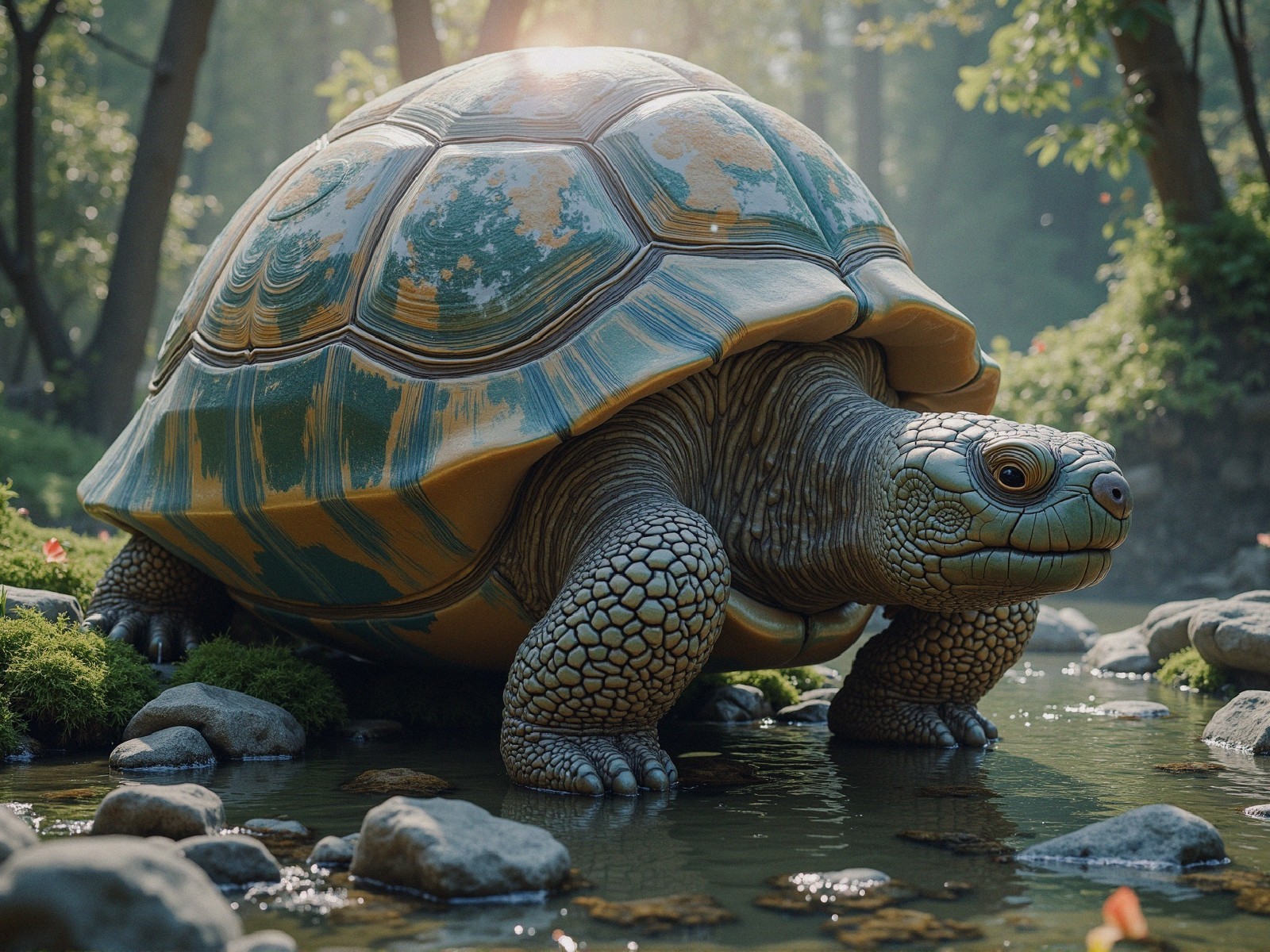 Vibrant Turtle by Serene Pond with Lush Greenery