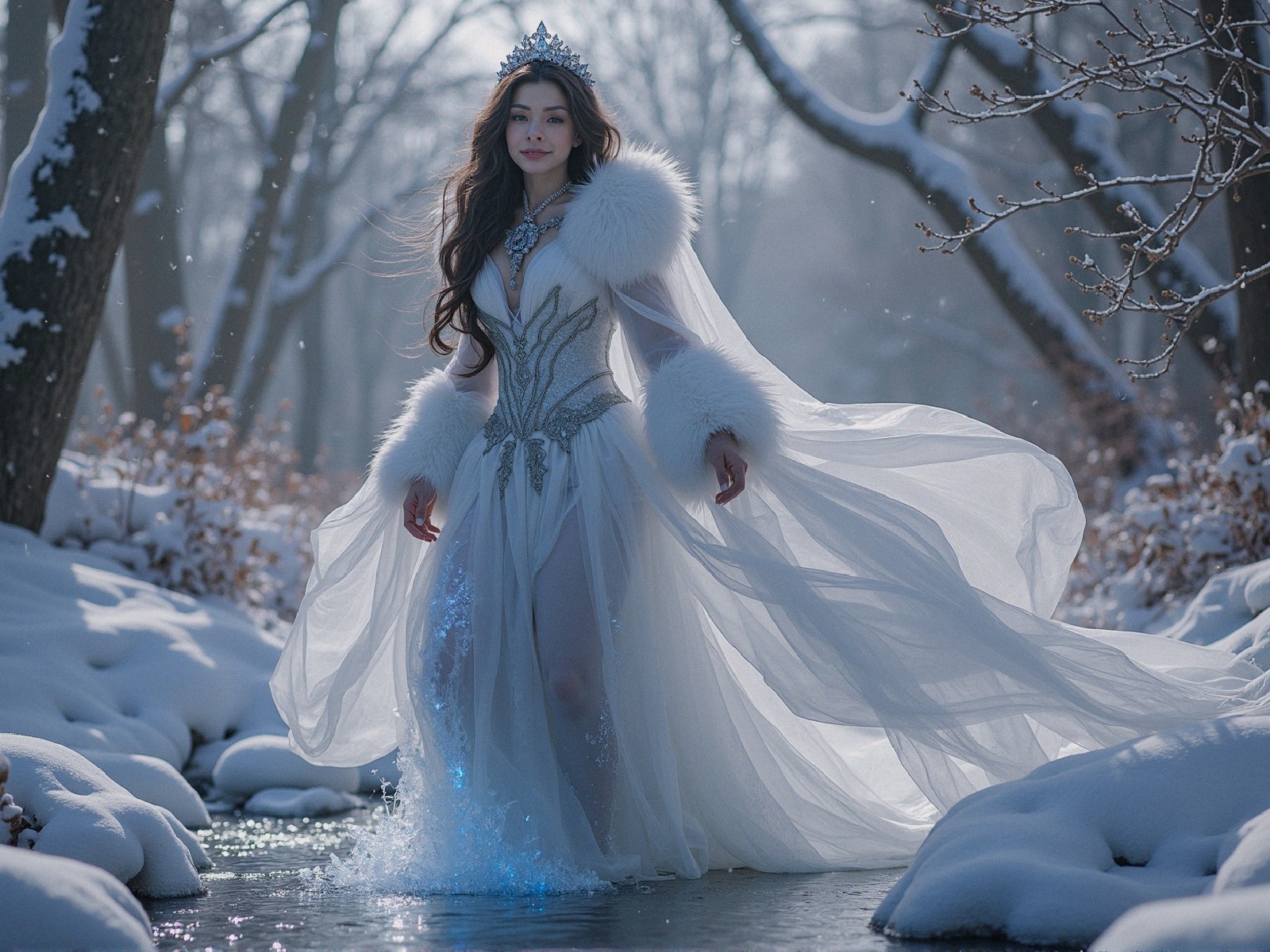 Graceful Figure in Snowy Landscape with White Gown