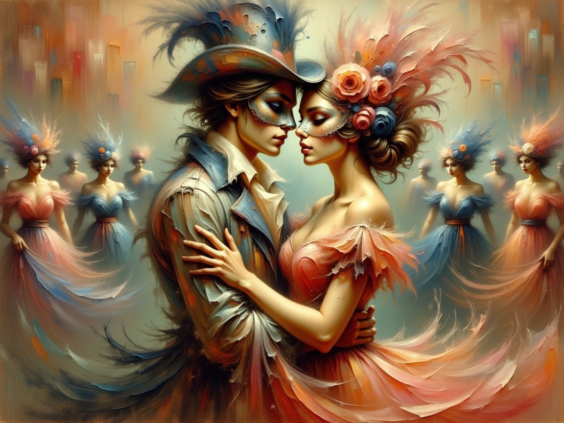Masked Couple in Colorful Costumes Embracing