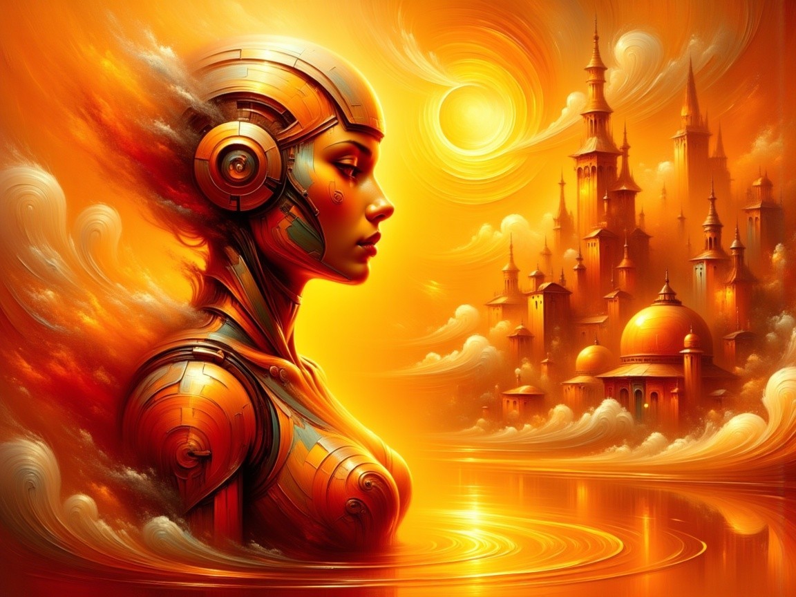 Steampunk Woman with Golden Accents Against Vibrant Background