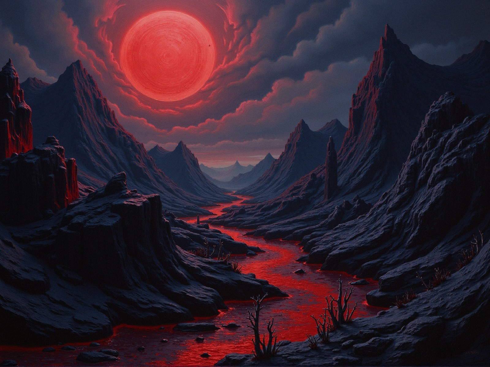 Surreal Landscape with Jagged Mountains and Crimson River