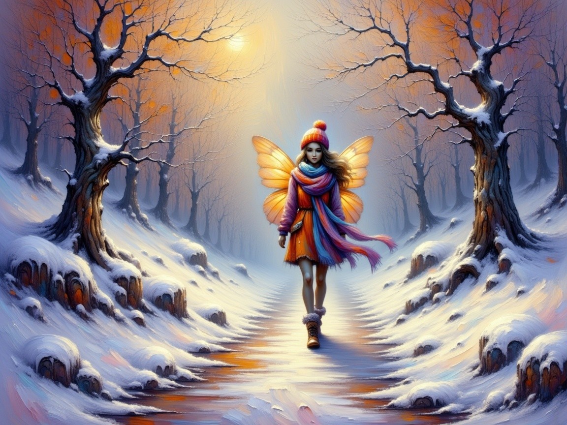 Young girl with butterfly wings in snowy landscape
