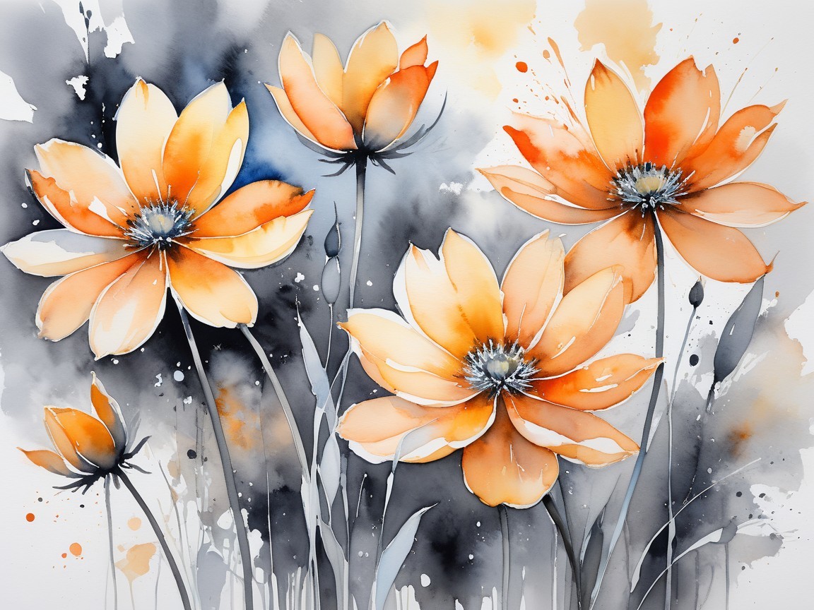 Vibrant Watercolor Painting of Orange and Yellow Flowers