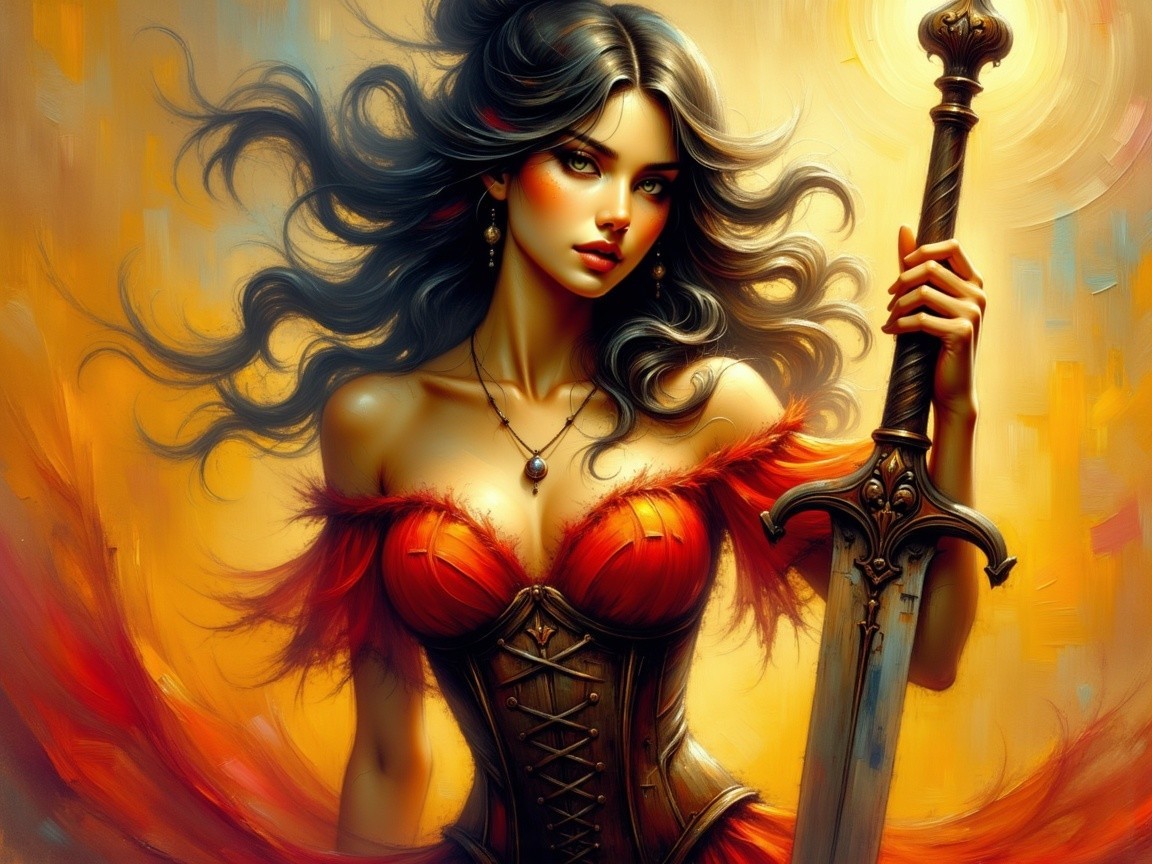 Warrior Woman in Red Corset with Sword and Gold Background
