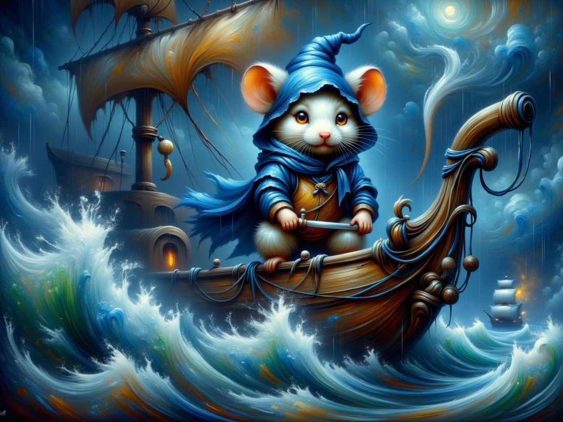 Whimsical Cartoon of Mouse in Boat on Stormy Sea