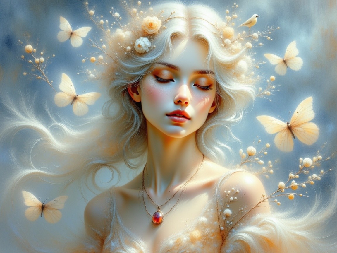 Ethereal Woman Surrounded by Butterflies and Flora