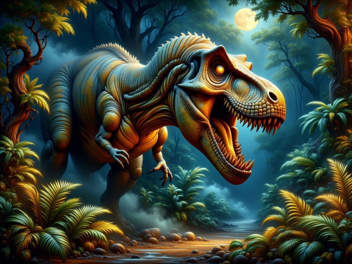 Tyrannosaurus rex in a luminous prehistoric jungle