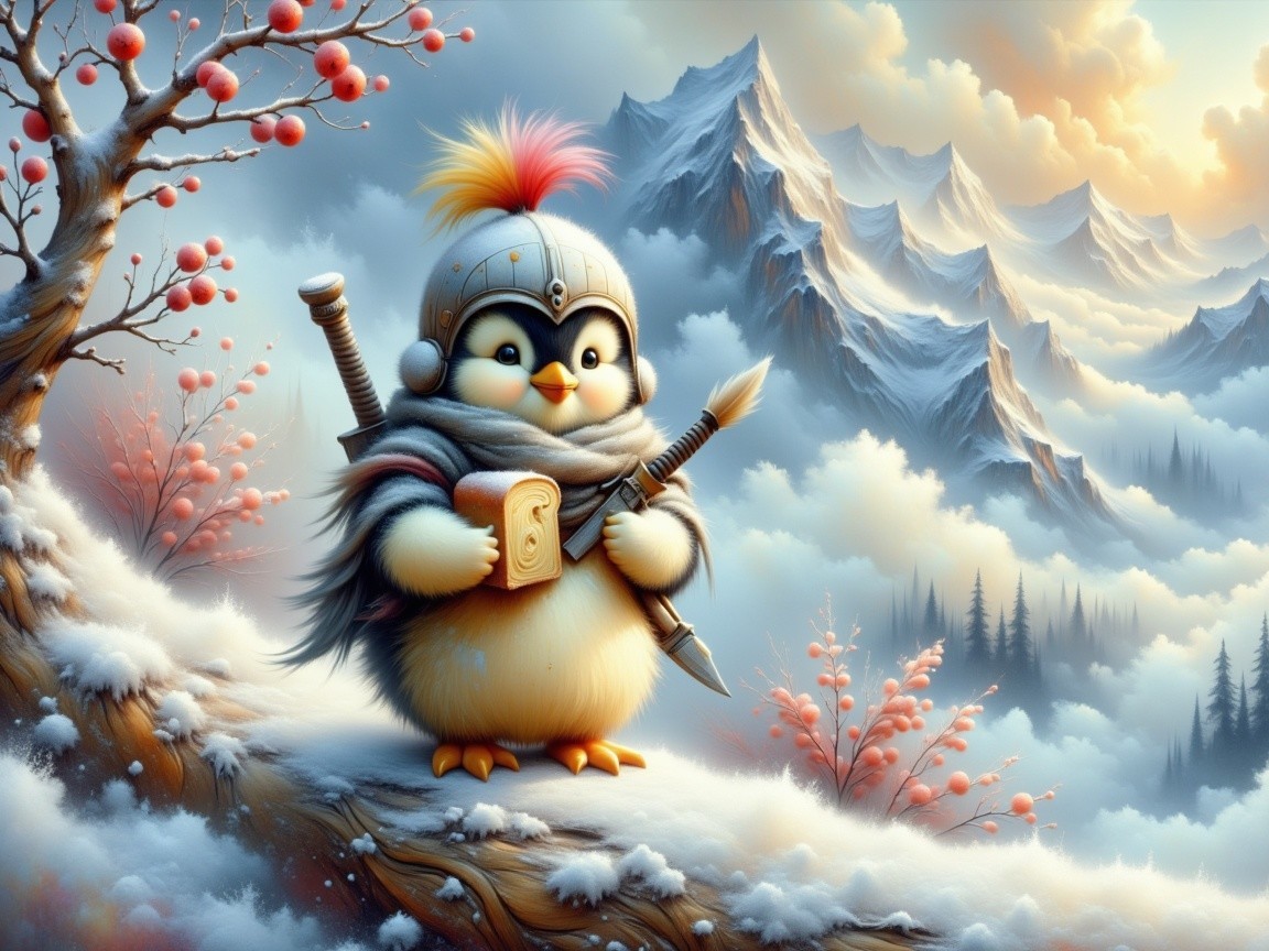 Whimsical Penguin in Snowy Landscape with Mountains